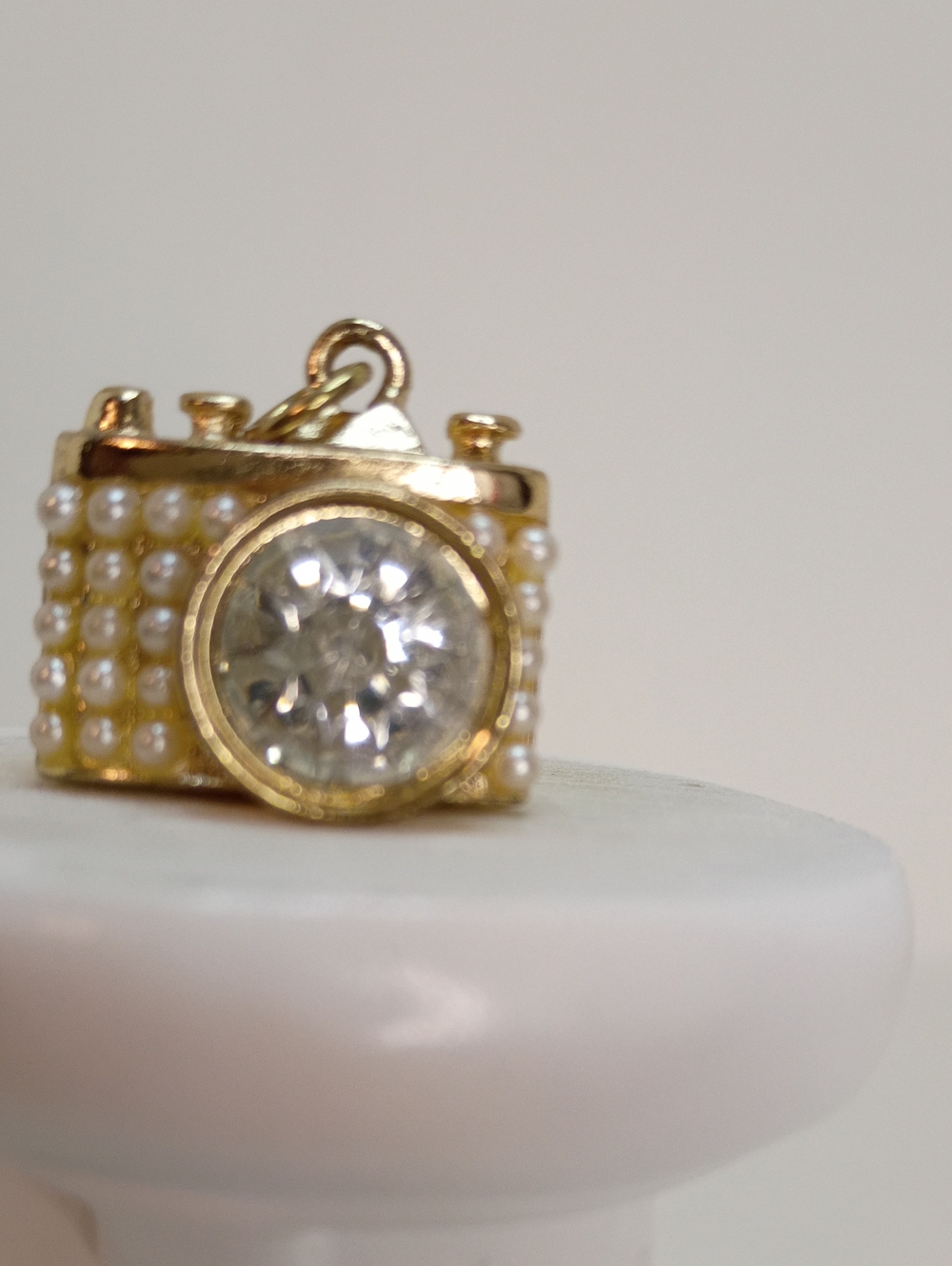 Gold Camera Charm Pendant with Faux Pearls and Clear Crystal